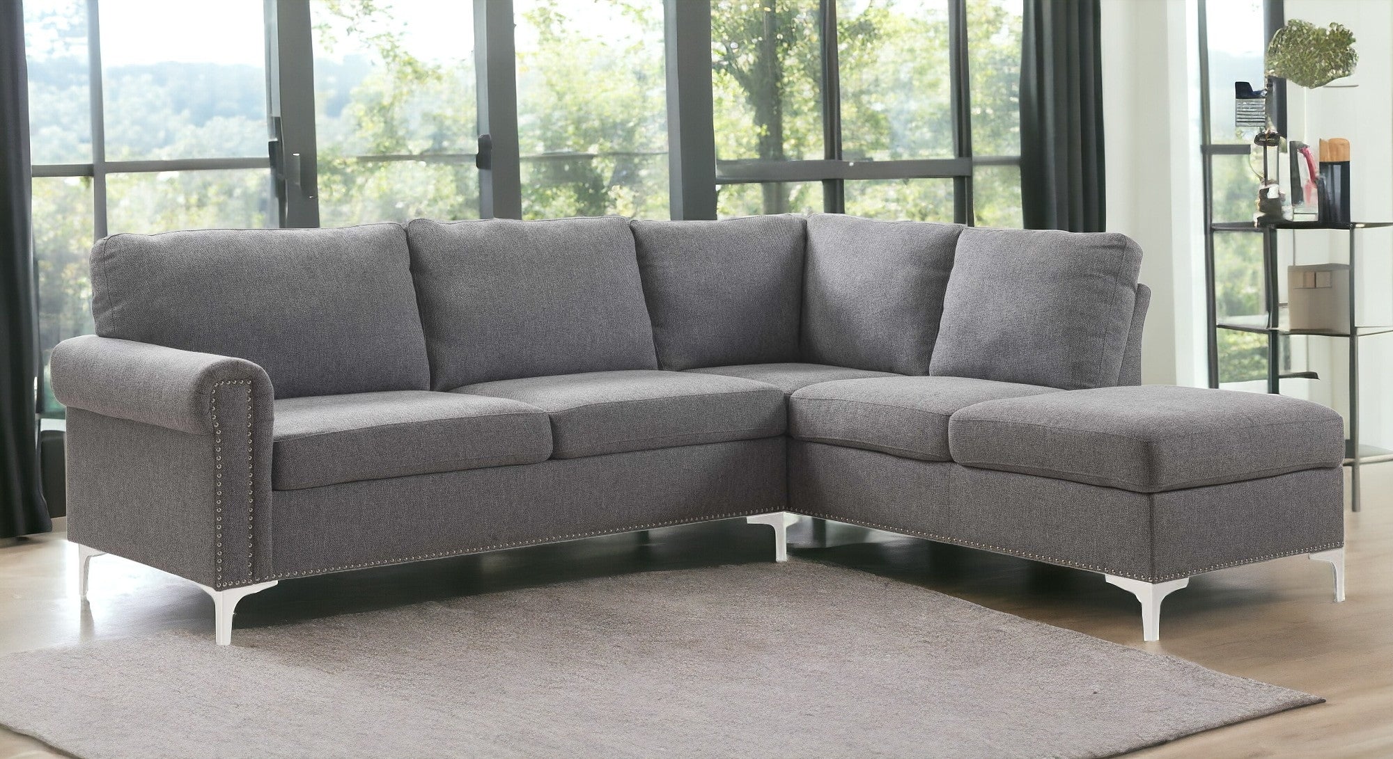 78" X 100" X 35" Gray Fabric Upholstery Metal Leg Sectional Sofa