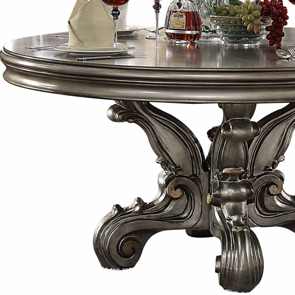 60" X 60" X 30" Antique Platinum Wood Poly Resin Dining Table (Round Pedestal)