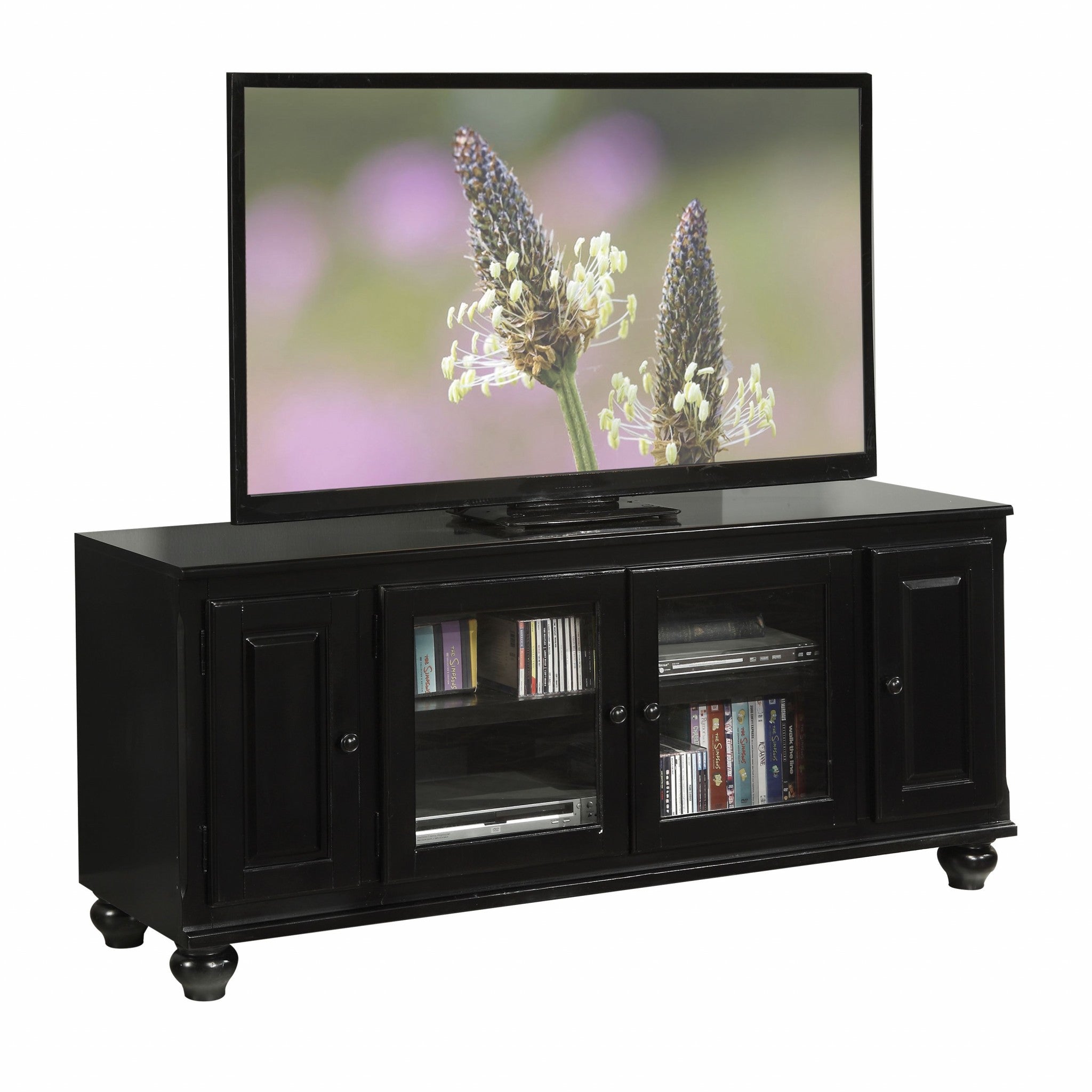 19" X 58" X 26" Black Wood Glass Veneer (Melamine) Tv Stand