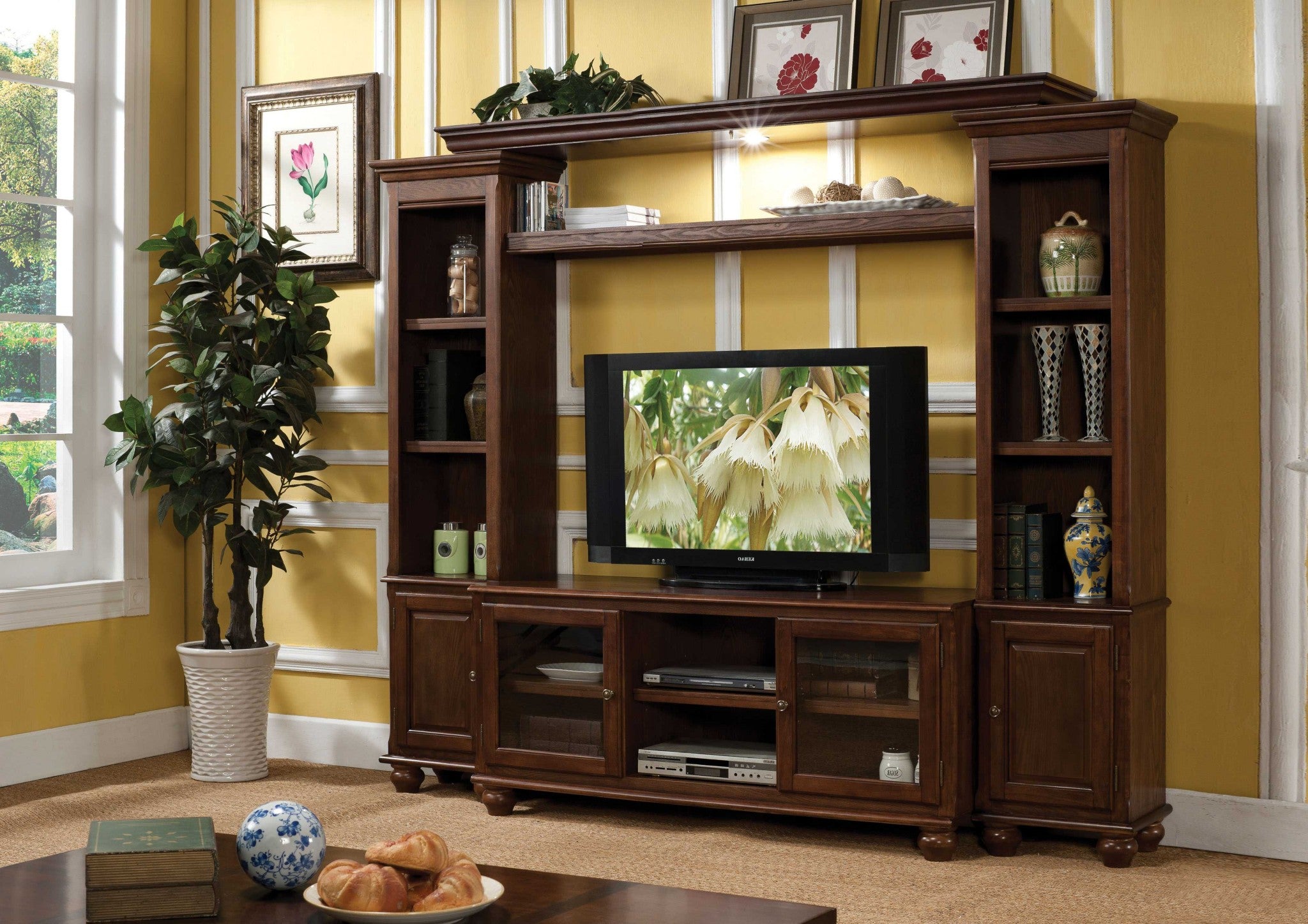 19" X 58" X 26" Walnut Wood Glass (Tv Stand) Tv Stand