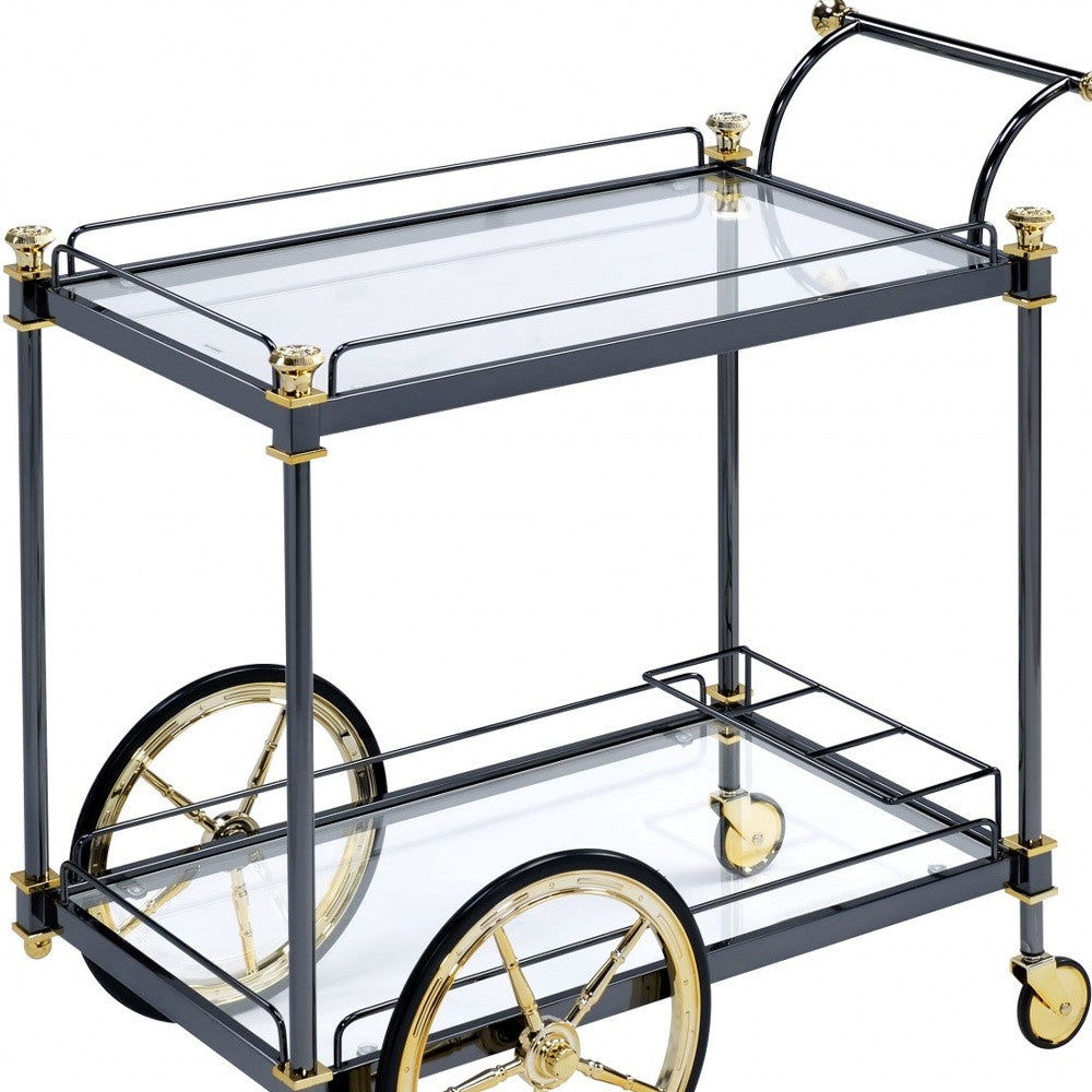20" X 31" X 31" Black Gold Clear Glass Metal Casters Serving Cart