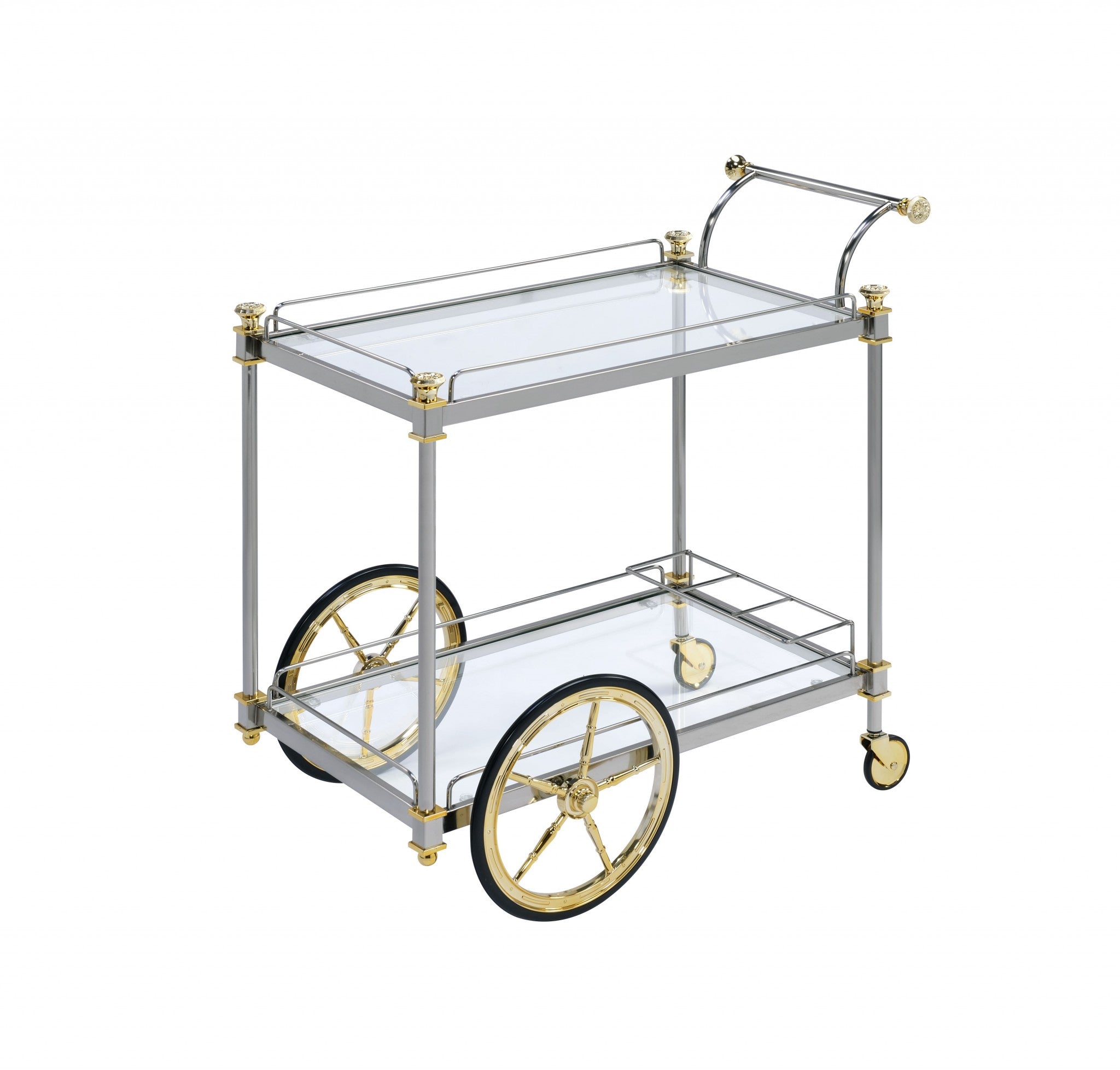 20" X 31" X 31" Black Gold Clear Glass Metal Casters Serving Cart
