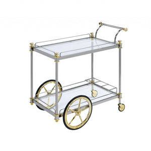 20" X 31" X 31" Black Gold Clear Glass Metal Casters Serving Cart