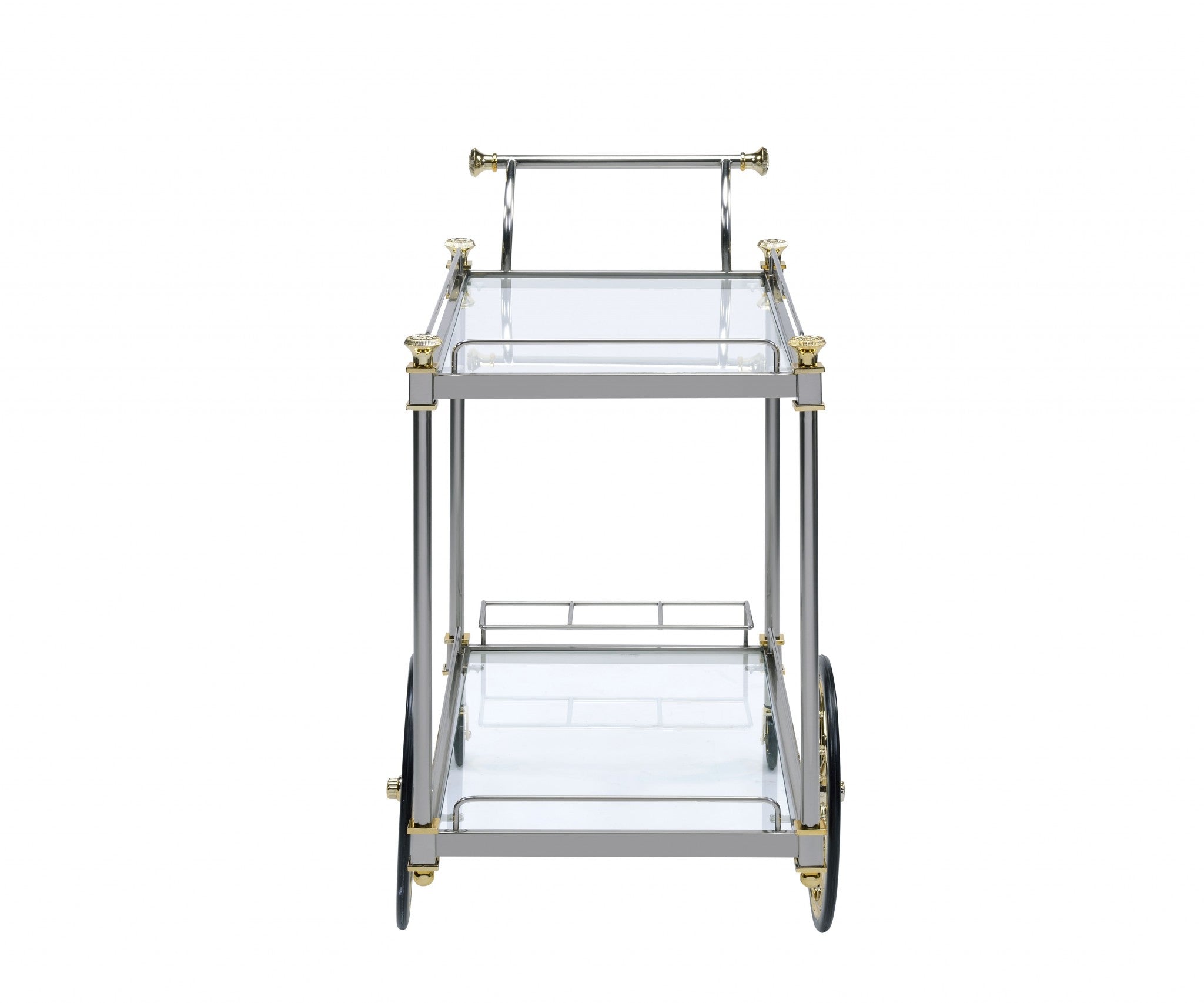 20" X 31" X 31" Black Gold Clear Glass Metal Casters Serving Cart