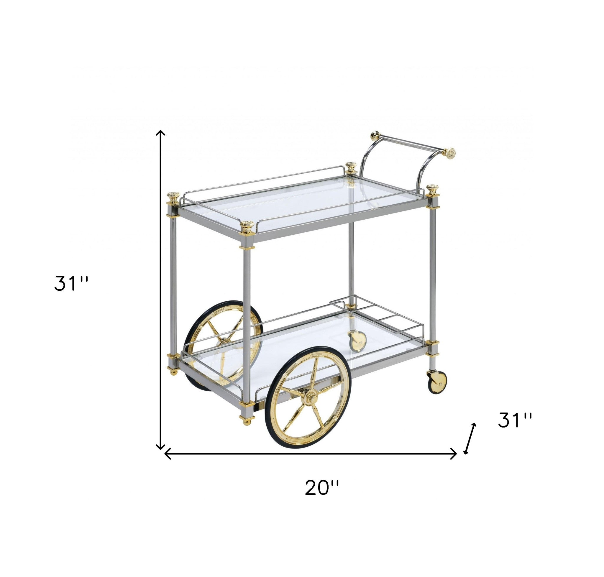 20" X 31" X 31" Black Gold Clear Glass Metal Casters Serving Cart