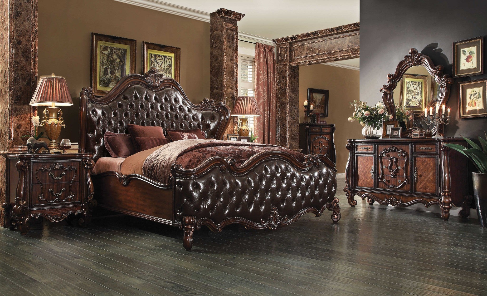 2-Tone Dark Brown Pu Cherry Oak Wood Poly Resin Upholstery California King Bed - 88" x 101" x 76"