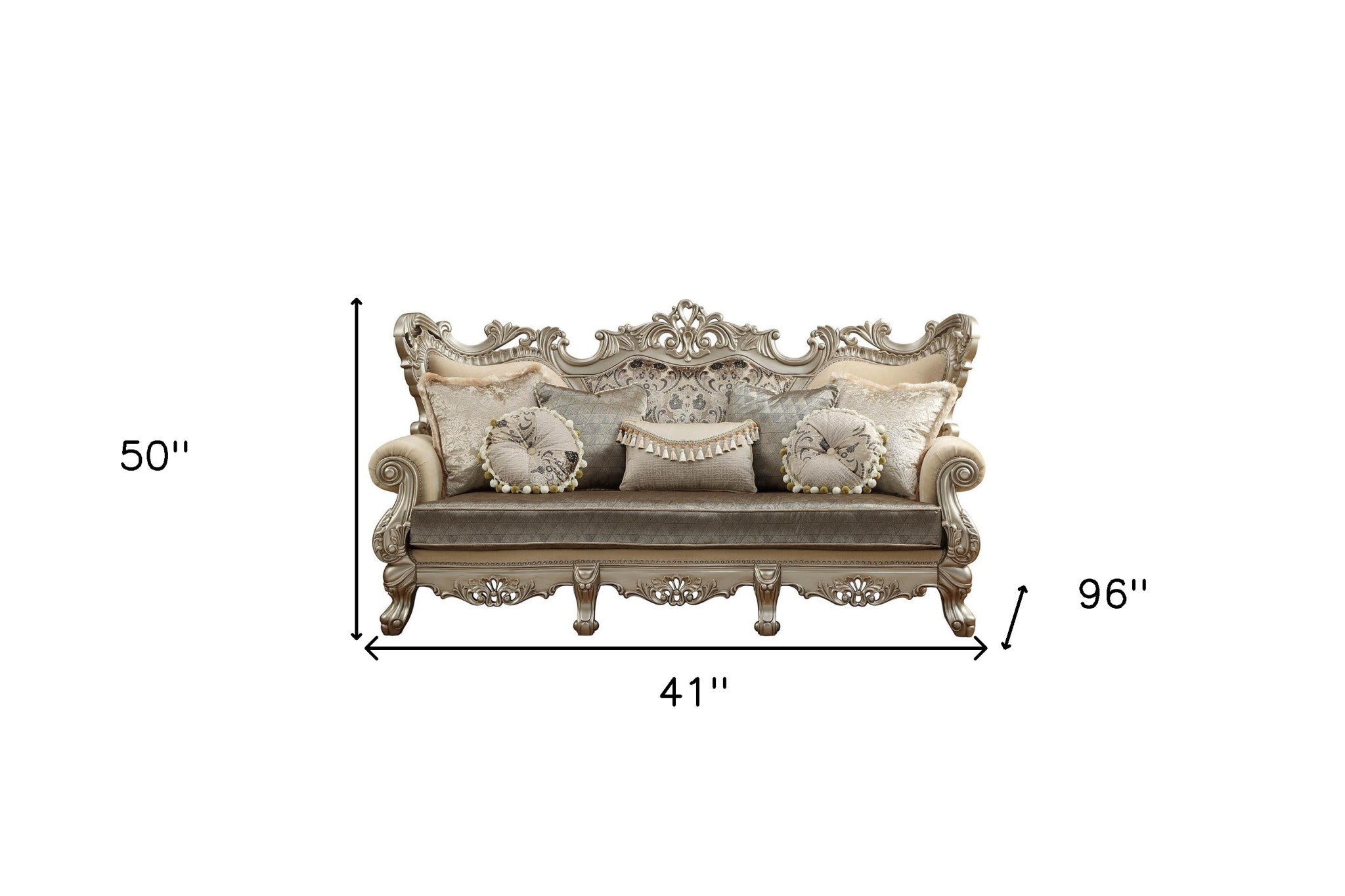 41" X 96" X 50" Fabric  Champagne Upholstery Wood LegTrim Sofa w7 Pillows