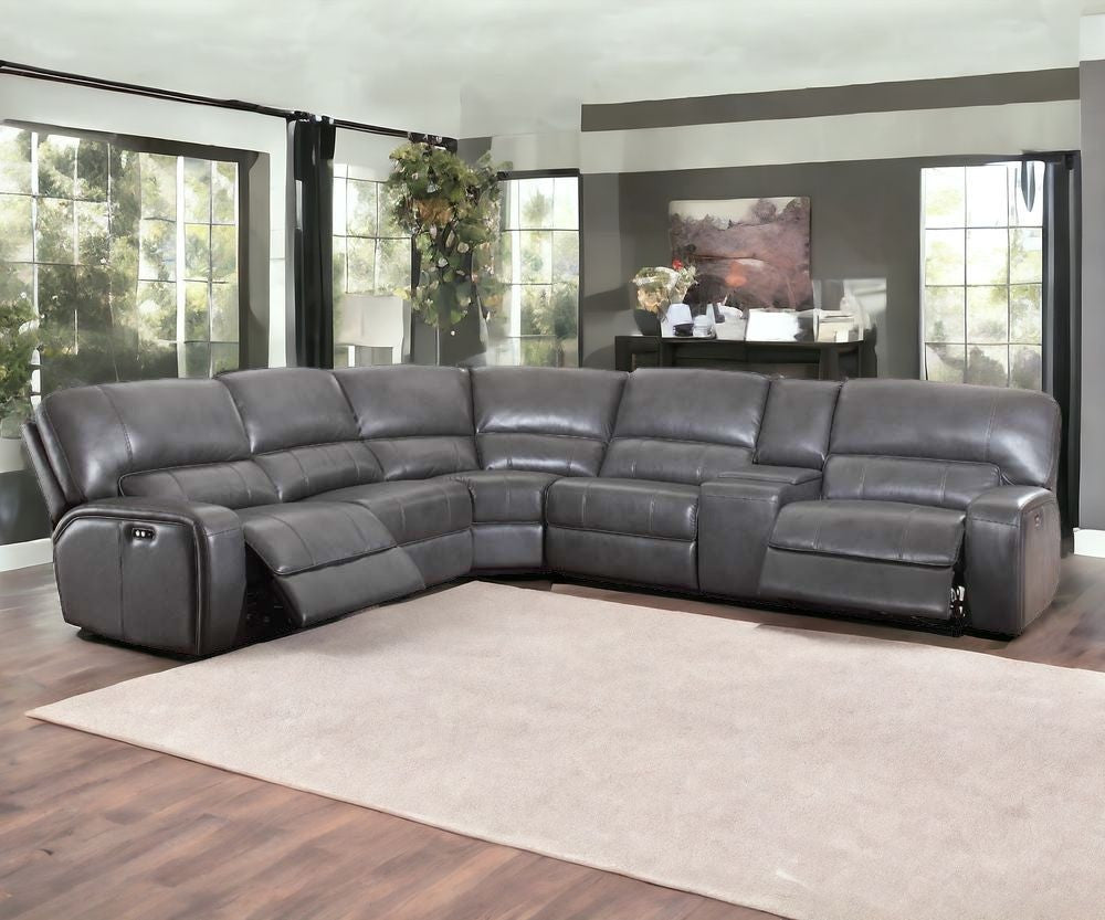 138" X 127" X 41" Gray Leather-Aire Upholstery Metal Reclining Mechanism Sectional Sofa (Power Motionusb Dock)