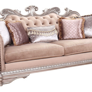 42" X 100" X 42" Velvet Antique Champagne Upholstery PolyResin Sofa w5 Pillows