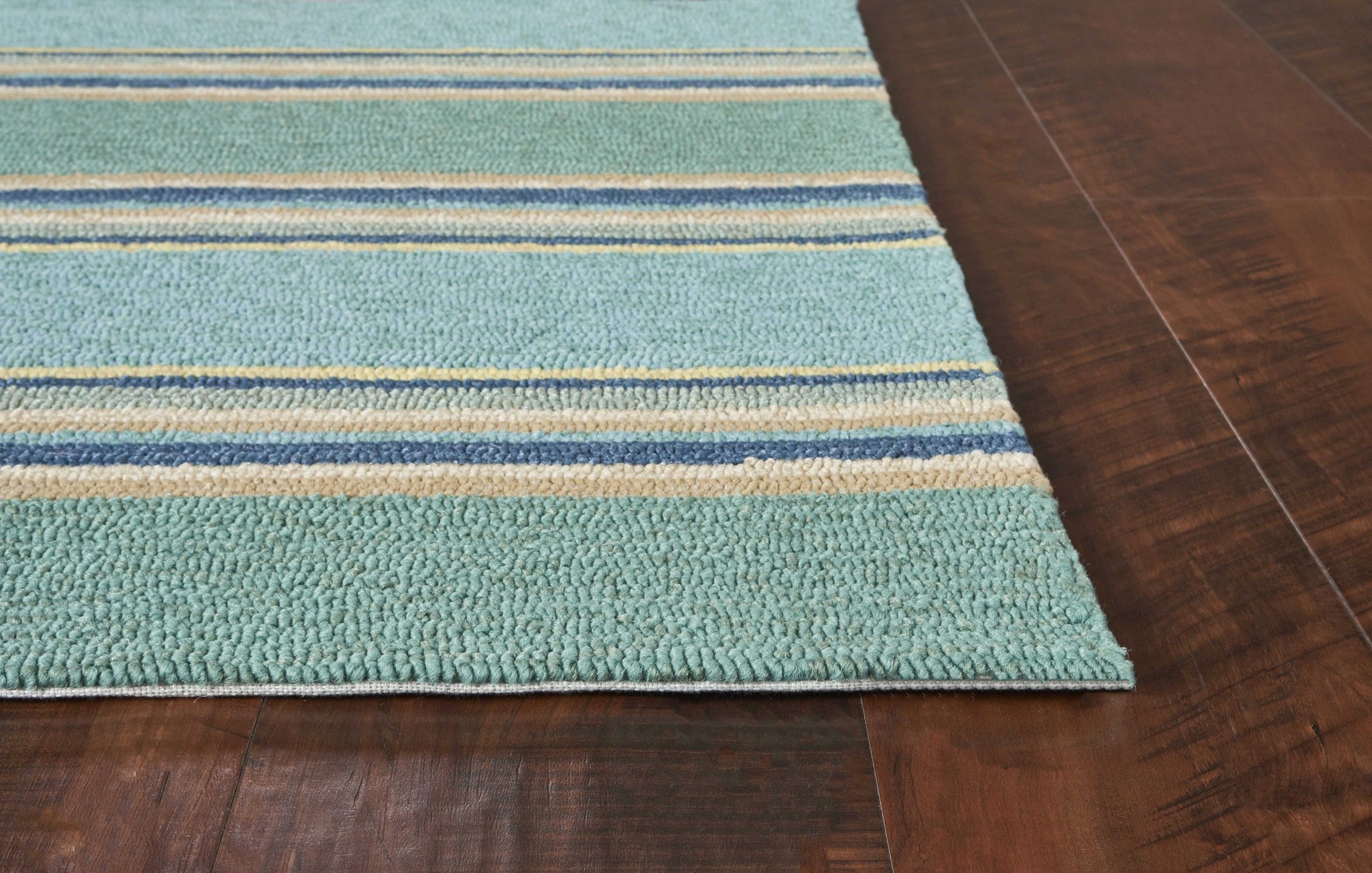 8' Ocean Blue Hand Hooked Uv Treated Awning Stripes Round Indoor Outdoor Area Rug