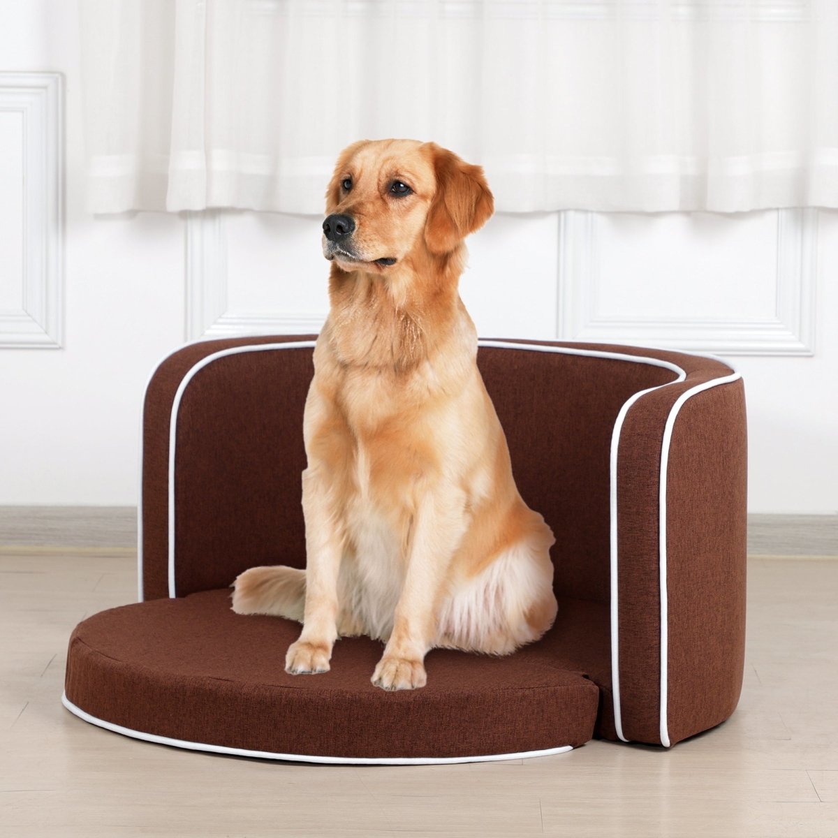 35" Brown Pet Sofa with Wooden Structure and Linen Goods White Roller Lines on the Edges Curved Appearance pet Sofa with Cushion