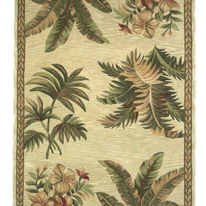 8' Ivory Hand Tufted Bordered Tropical Plants Round Indoor Area Rug