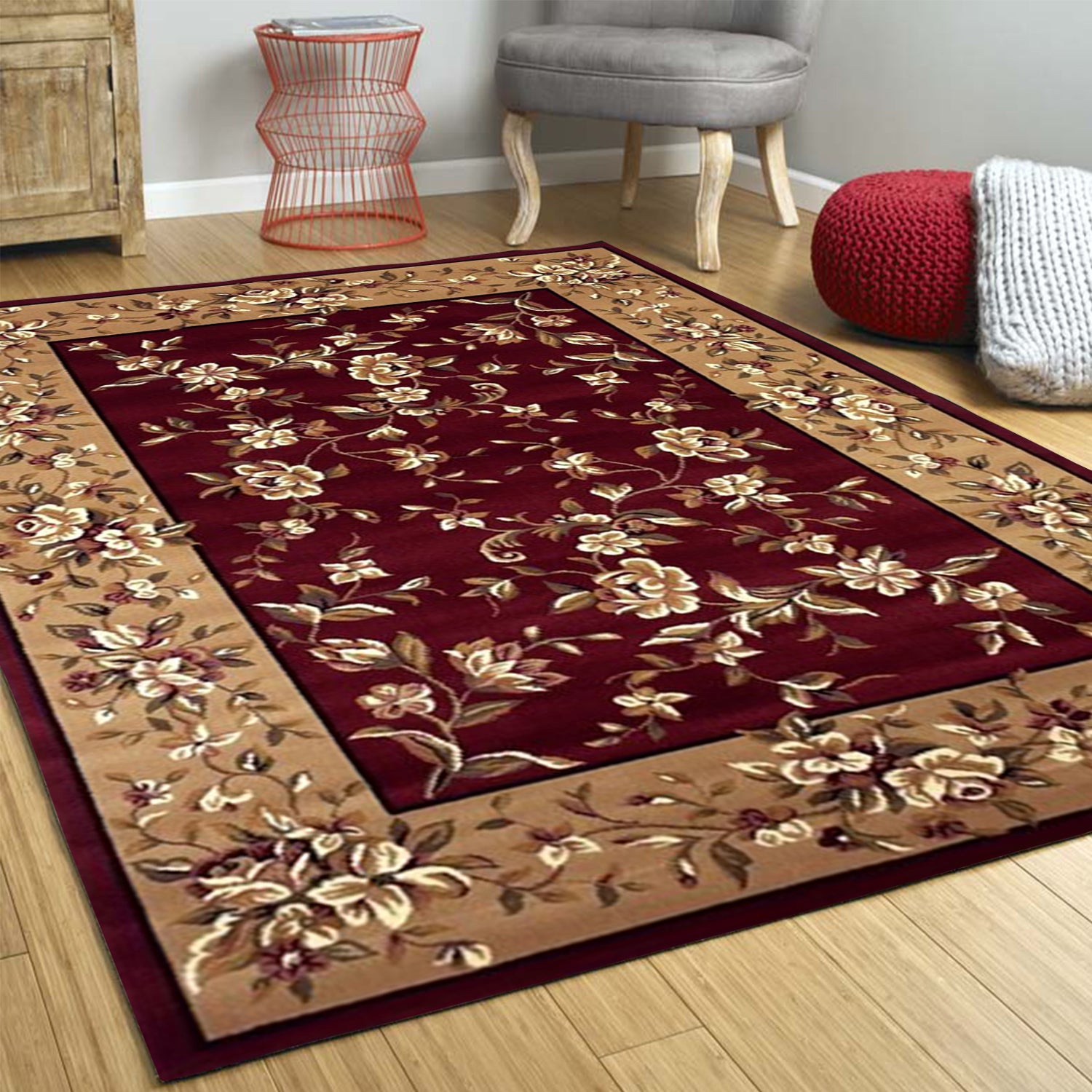 10'X13' Red Beige Machine Woven Floral Traditional Indoor Area Rug