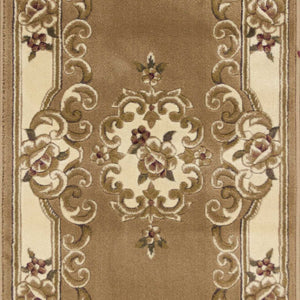 8'X11' Beige Ivory Machine Woven Hand Carved Floral Medallion Indoor Area Rug