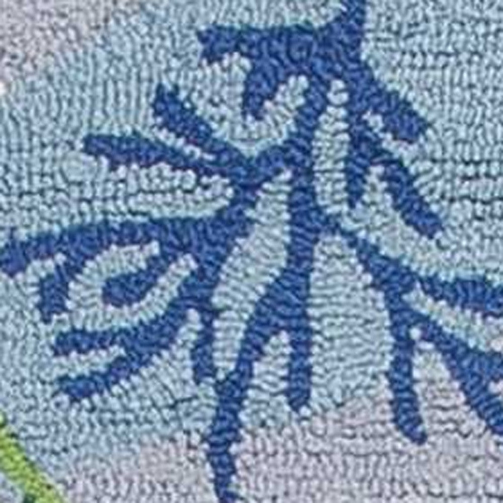 8' Blue Hand Hooked Marine Life Round Indoor Area Rug