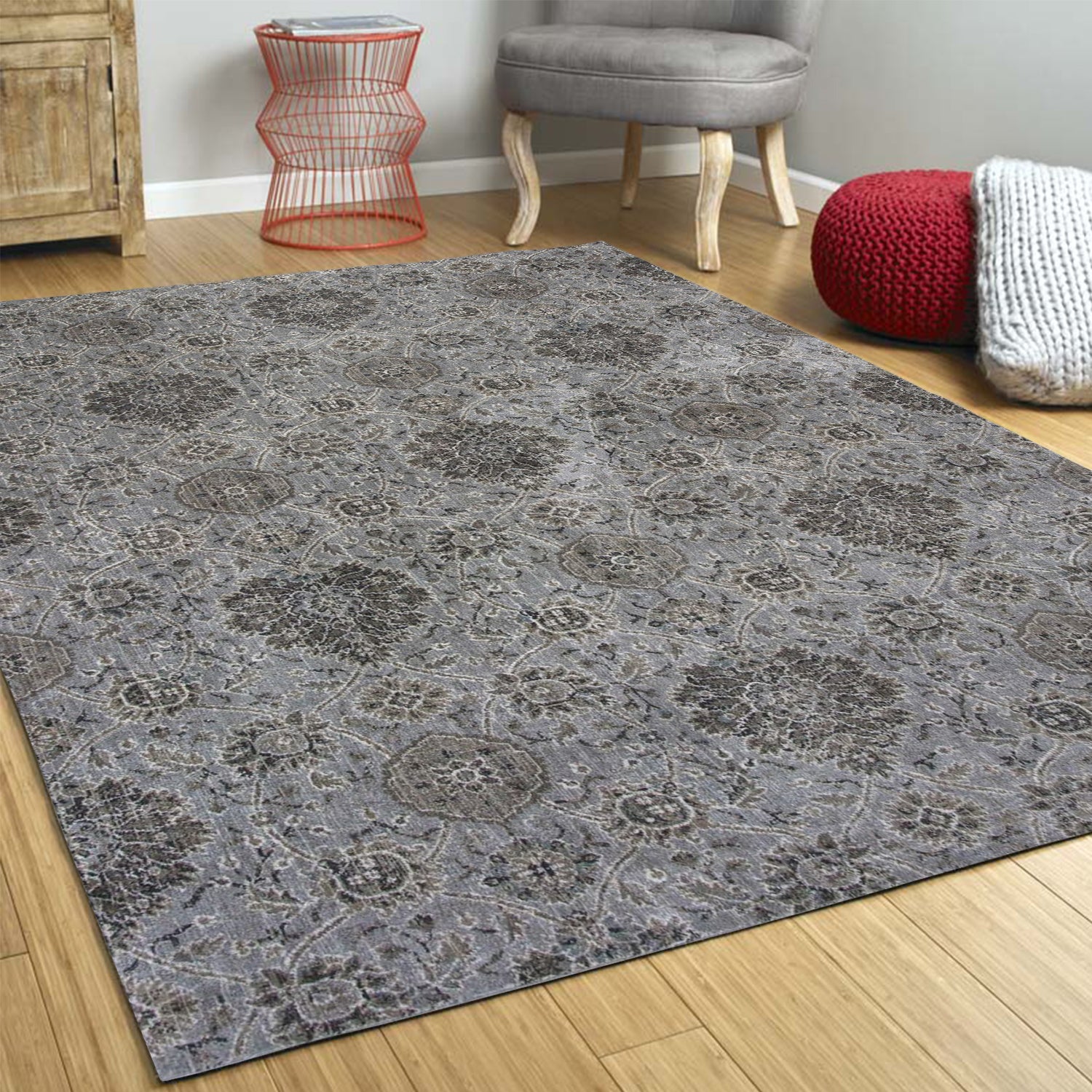8'X11' Silver Machine Woven Traditional Floral Indoor Area Rug