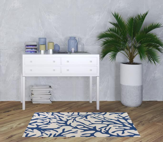 Polyester Ivory Blue Area Rug - 7' x 9'