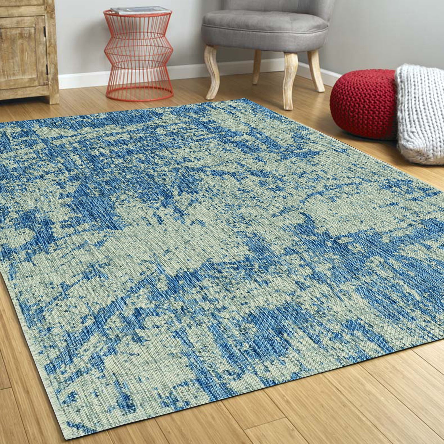 3'X5' Grey Denim Machine Woven Uv Treated Abstract Brushstroke Indoor Outdoor Area Rug
