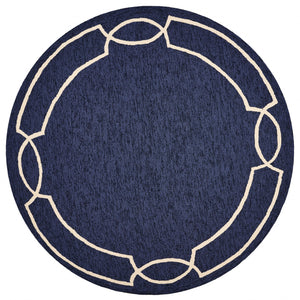 7' Ocean Blue Hand Hooked Uv Treated Bordered Round Indoor Outdoor Area Rug