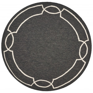 7' Onyx Black Hand Hooked Uv Treated Bordered Round Indoor Outdoor Area Rug
