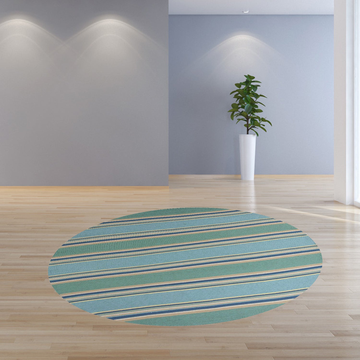 8'X10' Ocean Blue Hand Hooked Uv Treated Awning Stripes Indoor Outdoor Area Rug