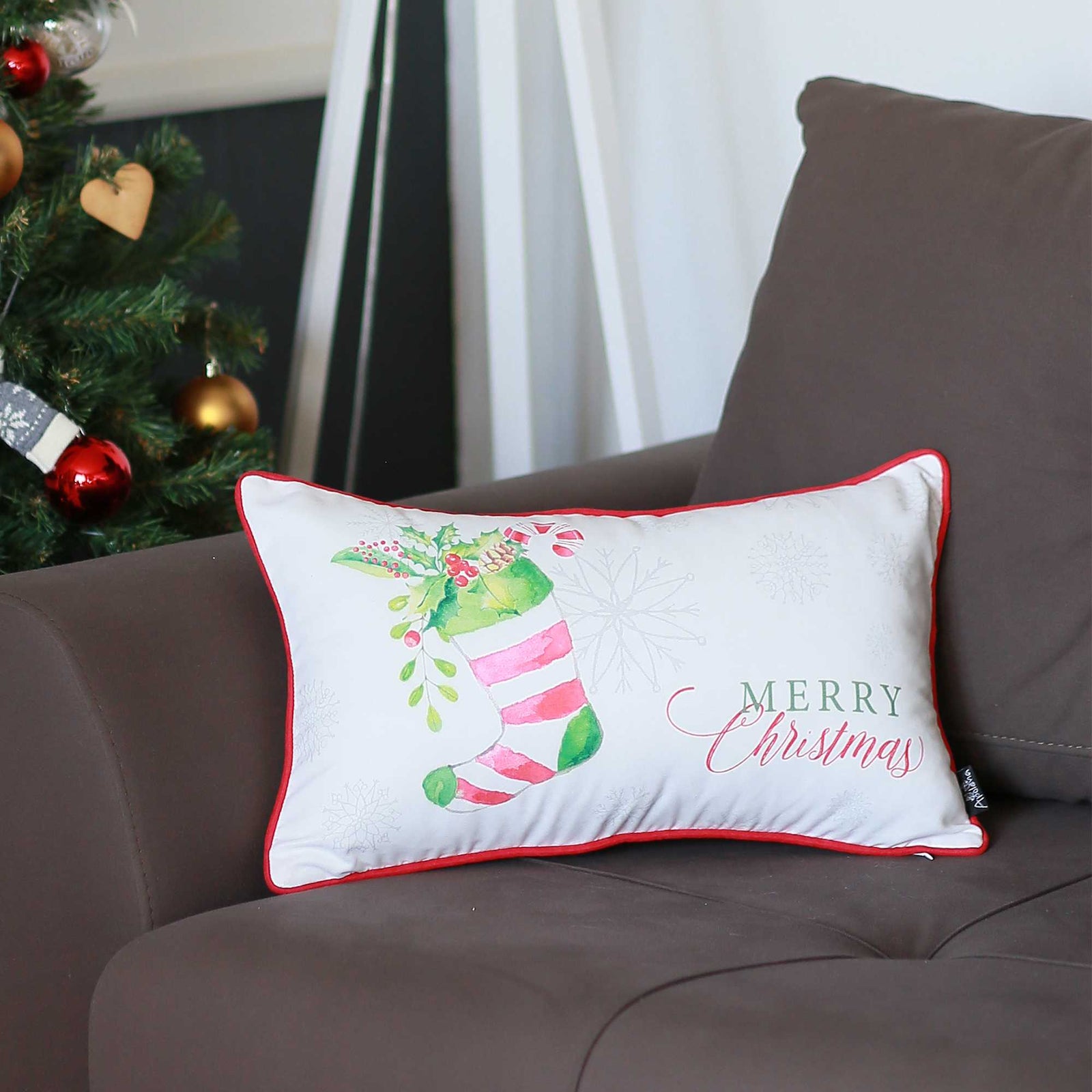 Merry Christmas Filled Stocking Decorative Lumbar Throw Pillow Cover