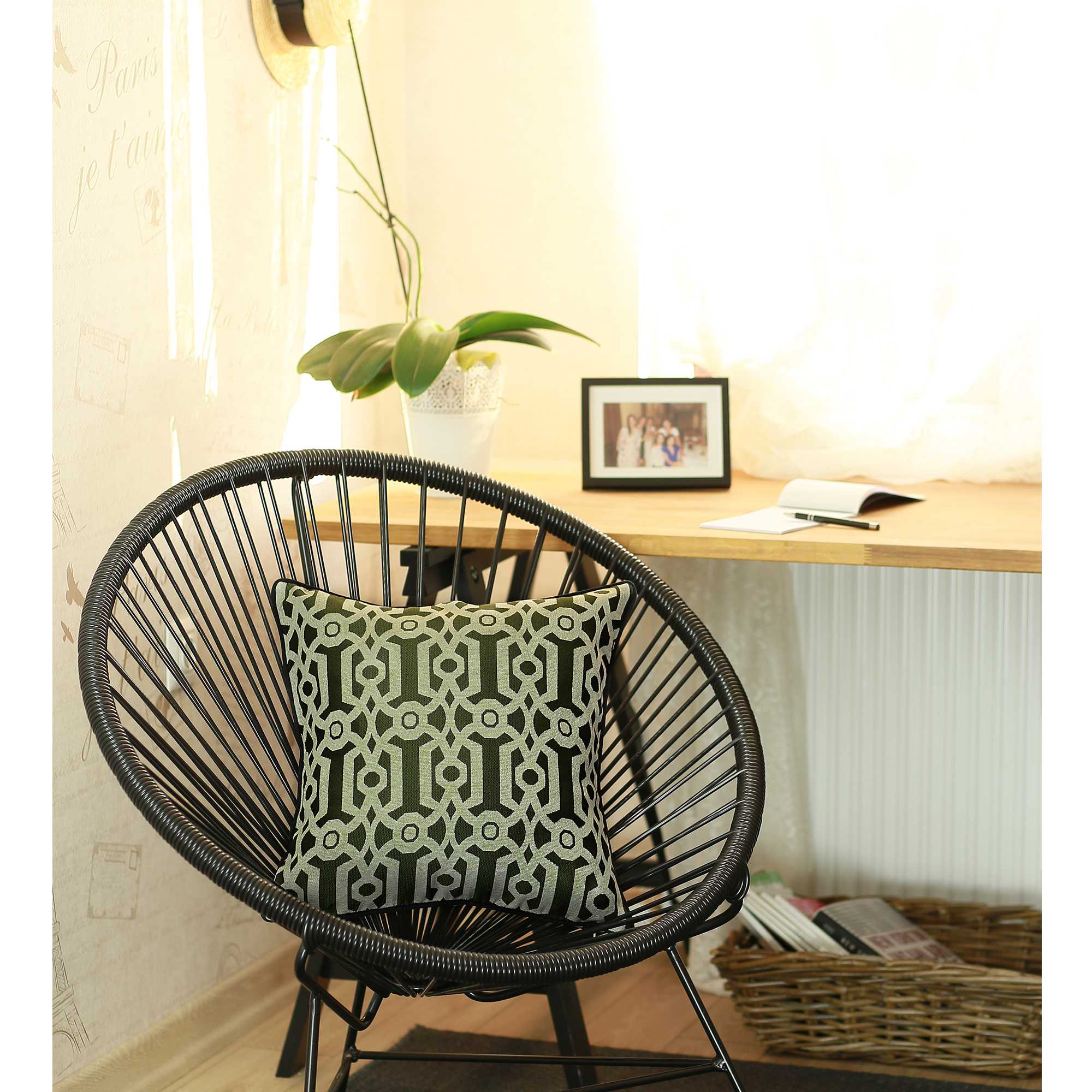 Funda de almohada decorativa con estampado geométrico jacquard verde caqui y blanco