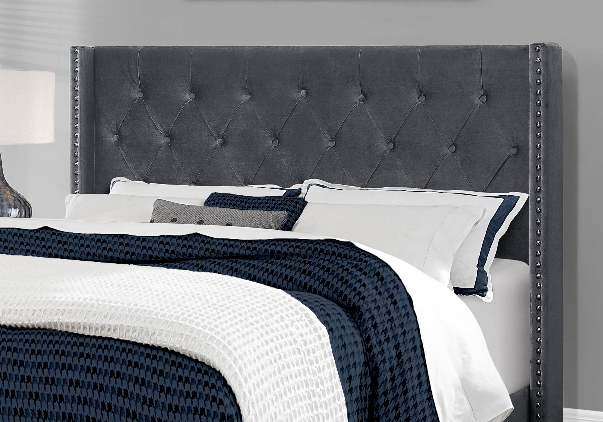 66.5" X 87.5" X 49.75" Dark Grey Velvet With Chrome Trim  Queen Size Bed