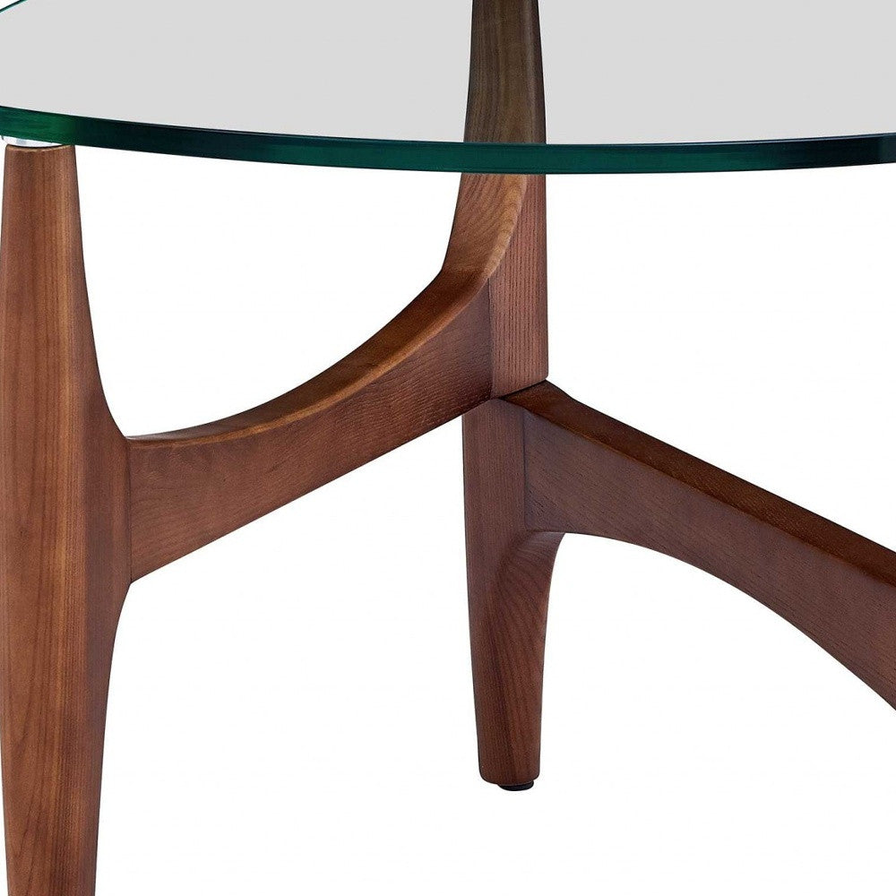 Mesa auxiliar de vidrio templado transparente de 23.63" x 23.63" x 19.69" con base de nogal