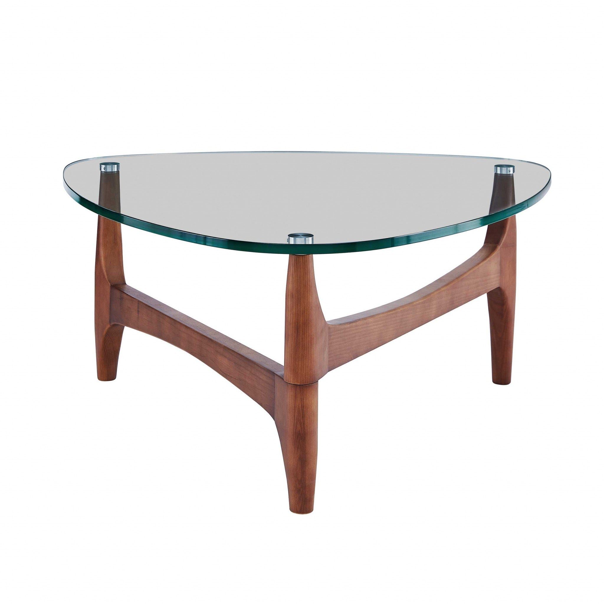 Walnut And Clear Glass Triangle Coffee Table 35"