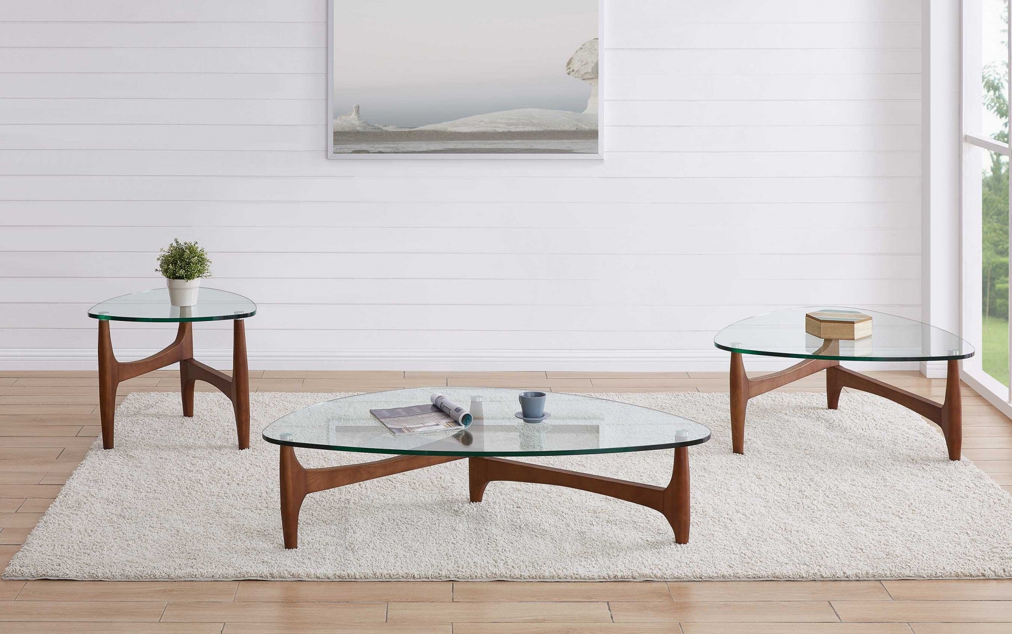 Walnut And Clear Glass Triangle Coffee Table 35"