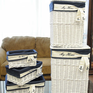 14" X 17.5" X 19.5" White blue rectangular willow Basket Set Of 5