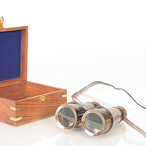 Rustic Brass And Leather Binoculars In Wood Storage Box