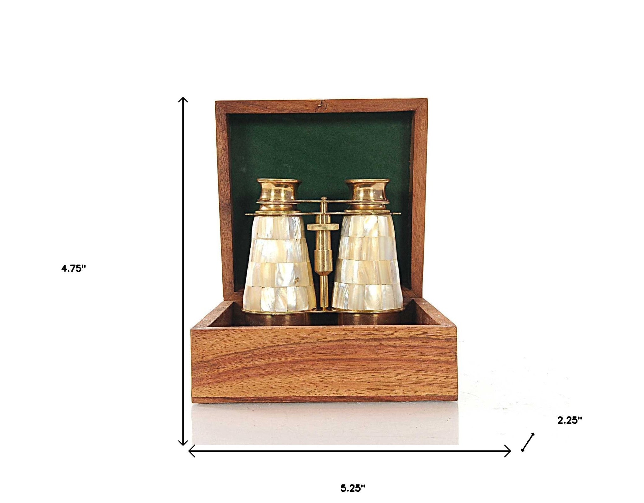Elegant Brass And Mother Of Pearl Binoculars In Wooden Storage Box