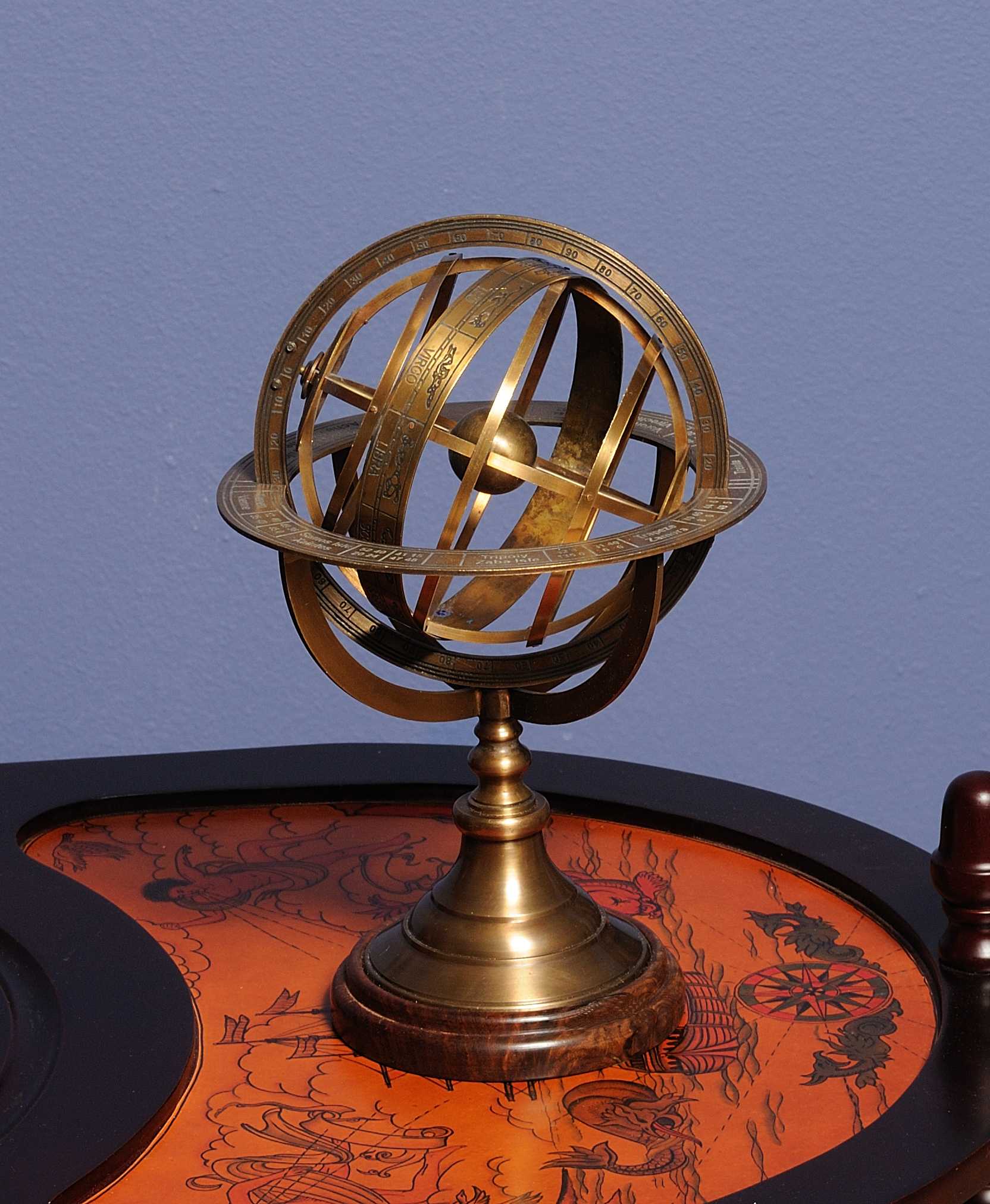 Armillary Sphere On Wood Base 7" x 7" x 11.5"