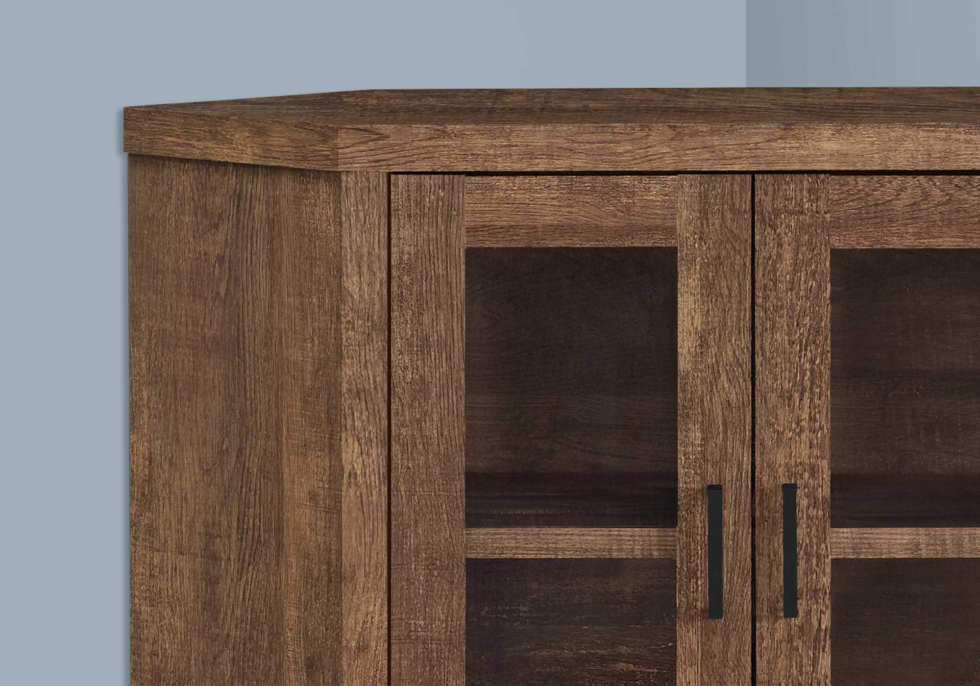 Reclaimed Wood Natural Finish Corner Tv Stand With Glass Doors