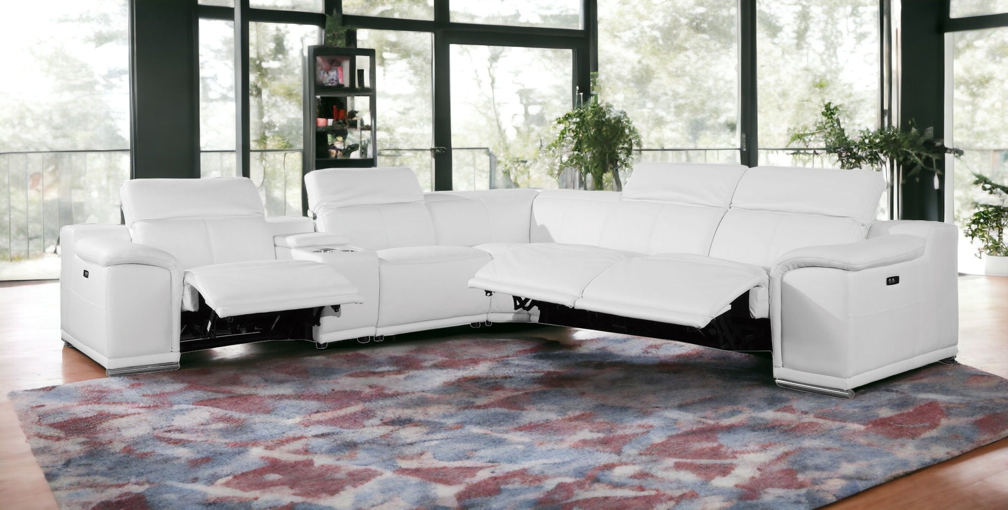 Six Piece White Genuine Leather Power Reclining Sectional Sofa