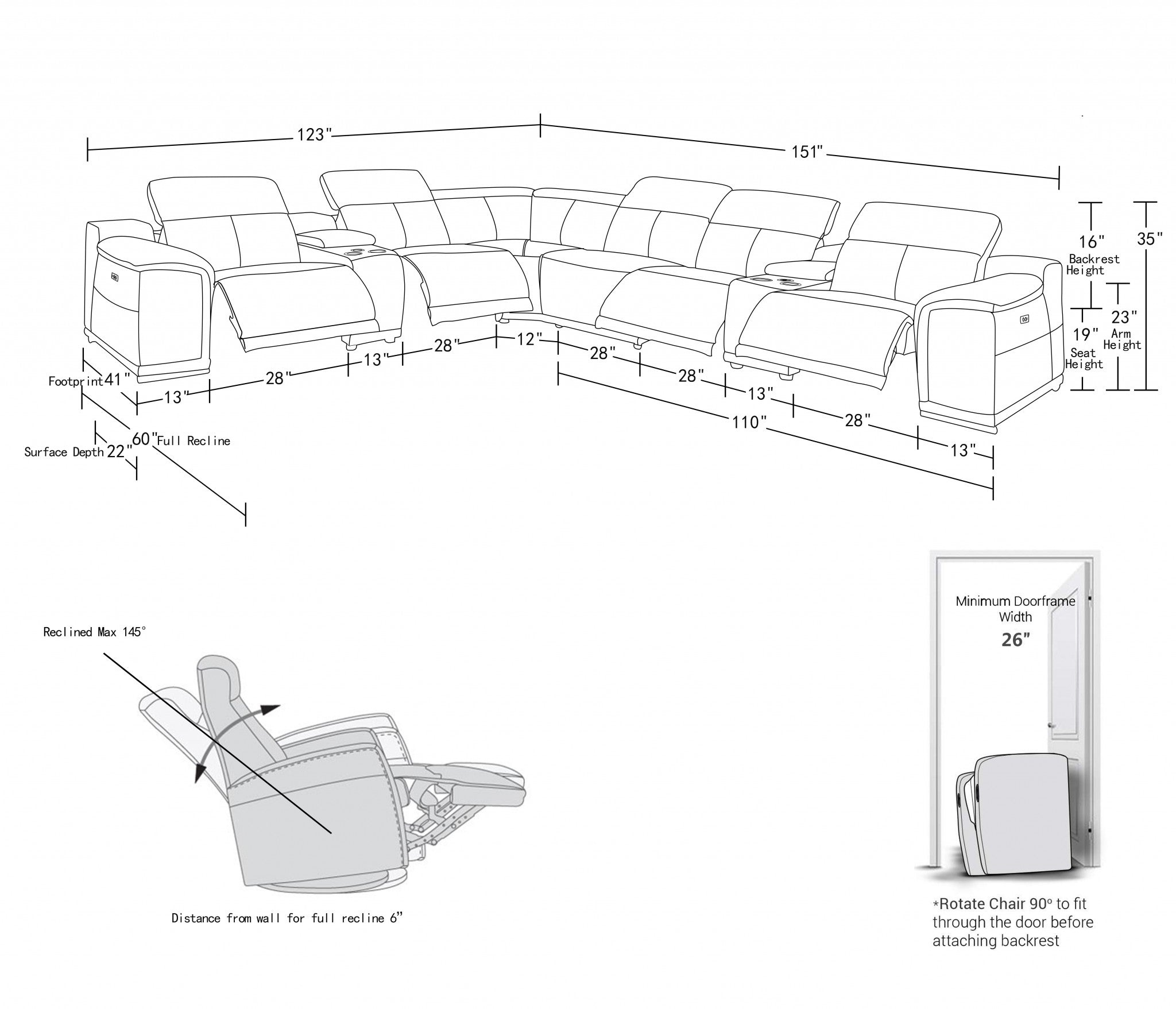267" X 320" X 266.4" White Power Reclining 8Pc Sectional