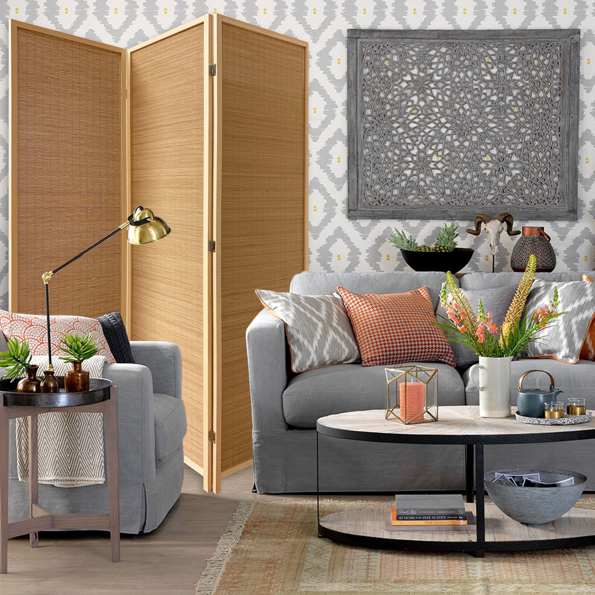 Light Bamboo 3 Panel Room Divider Screen 6"