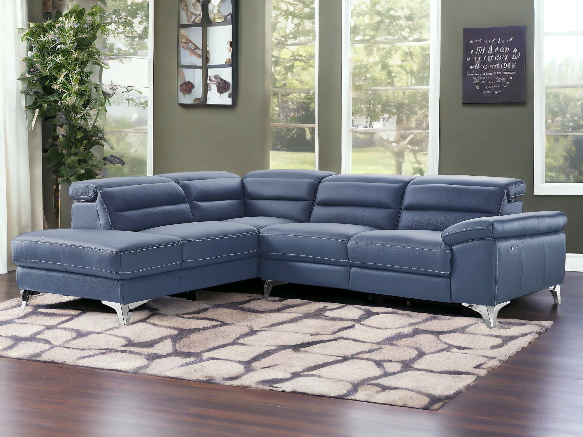 109 X 88 X 31 X 40 Navy Blue Leather Sectional