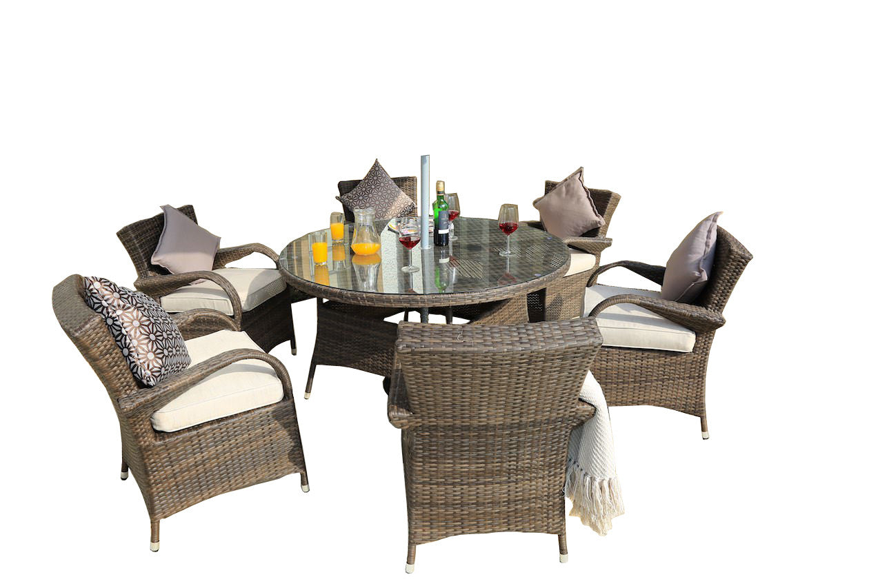 Brown 7 Piece Outdoor Dining Set With Cushions - 211" x 55" x 32"