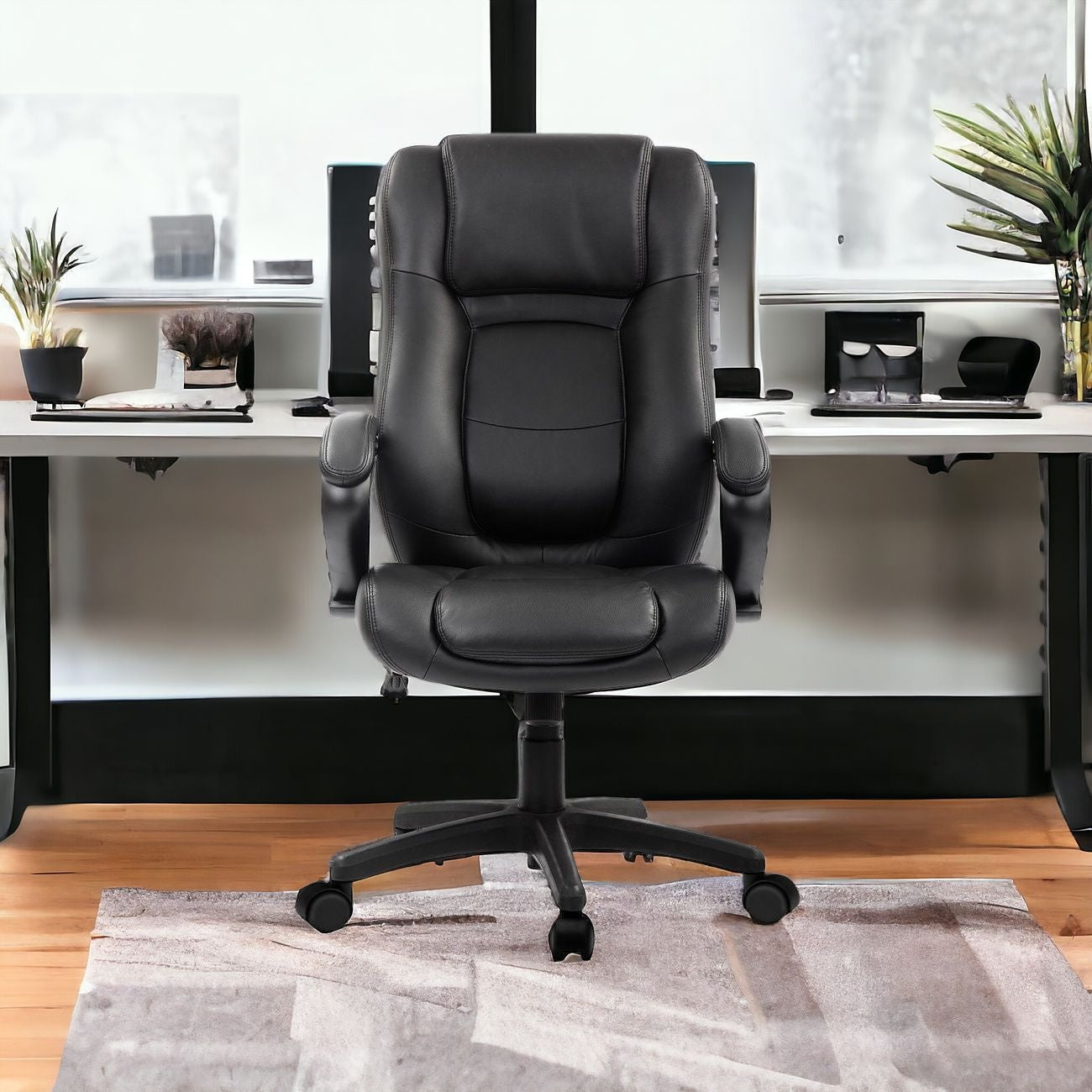 Black Eco Leather Tufted Seat Swivel Adjustable Task Chair Leather Back Plastic Frame
