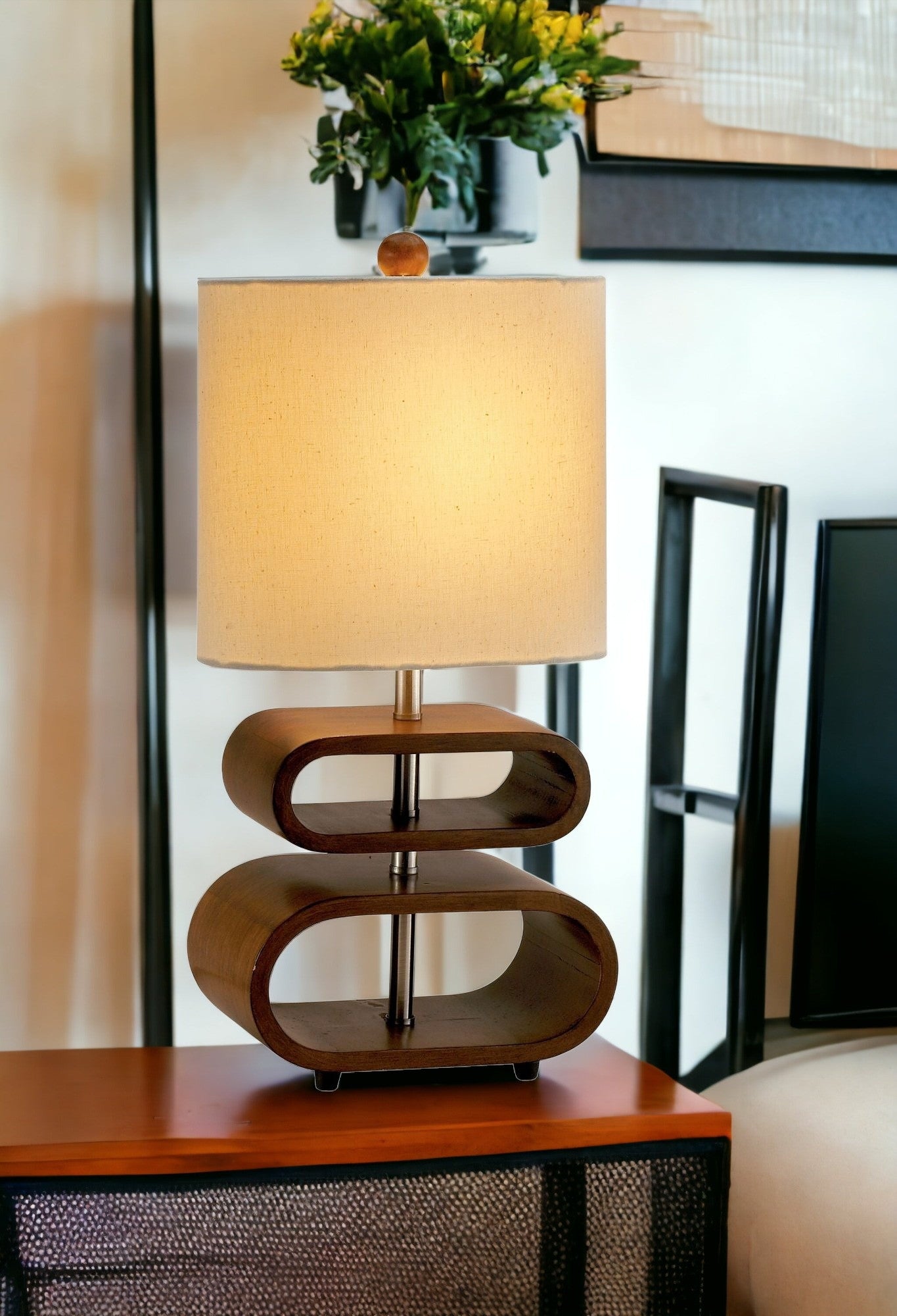 Walnut Wood Finish Stacked Bentwood Ovals With Natural Fabric Oval Shade Table Lamp