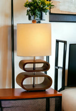 Walnut Wood Finish Stacked Bentwood Ovals With Natural Fabric Oval Shade Table Lamp