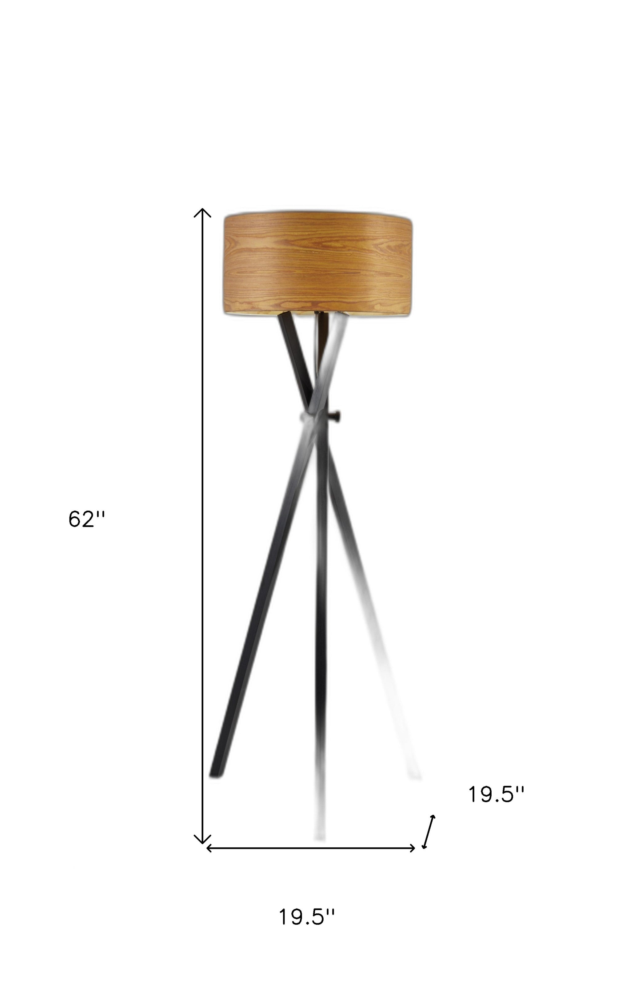 62" Black Tripod Floor Lamp With Brown Drum Shade