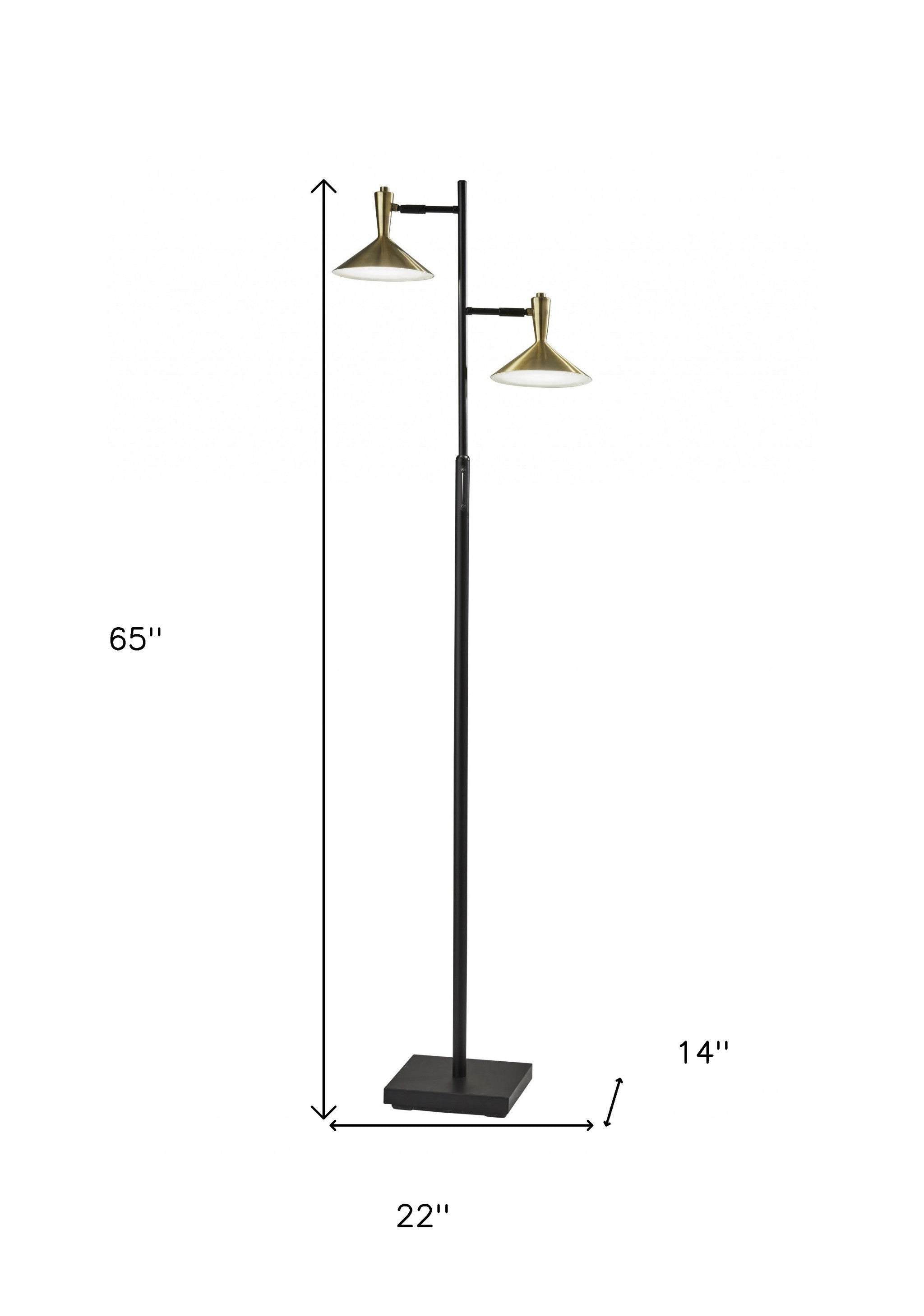 Black Two Light Led Light Changing Tree Floor Lamp With Gold Solid Color Cone Shade 65"