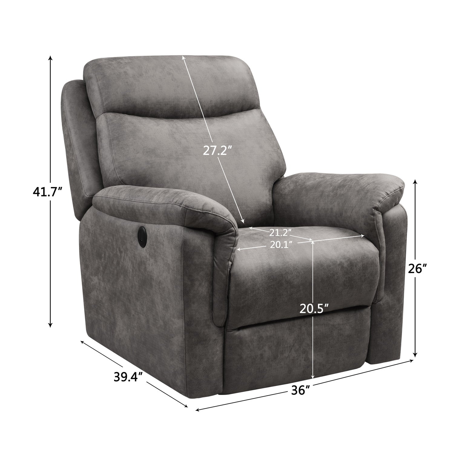 36.2" X 39.37" X 41.7" Grey Air Leather - Sillón reclinable eléctrico con puerto USB