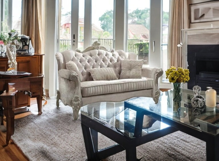 Ivory Velvet Loveseat W3 Pillows 69" X 43" X 45"