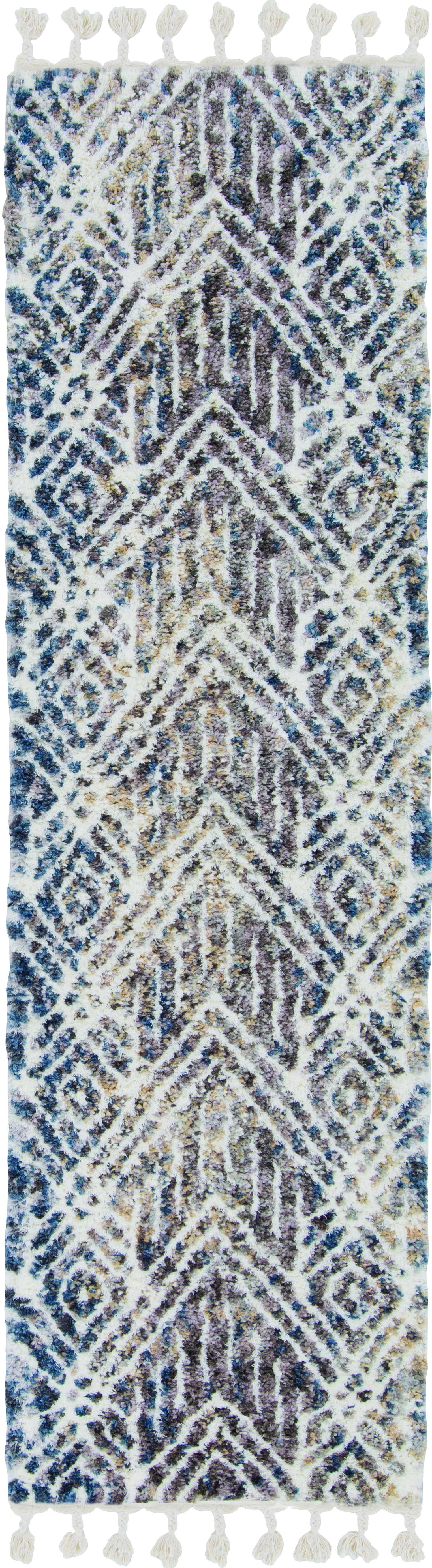 2' X 7' Grey Or Ivory Geometric Diamond Runner Rug With Fringe