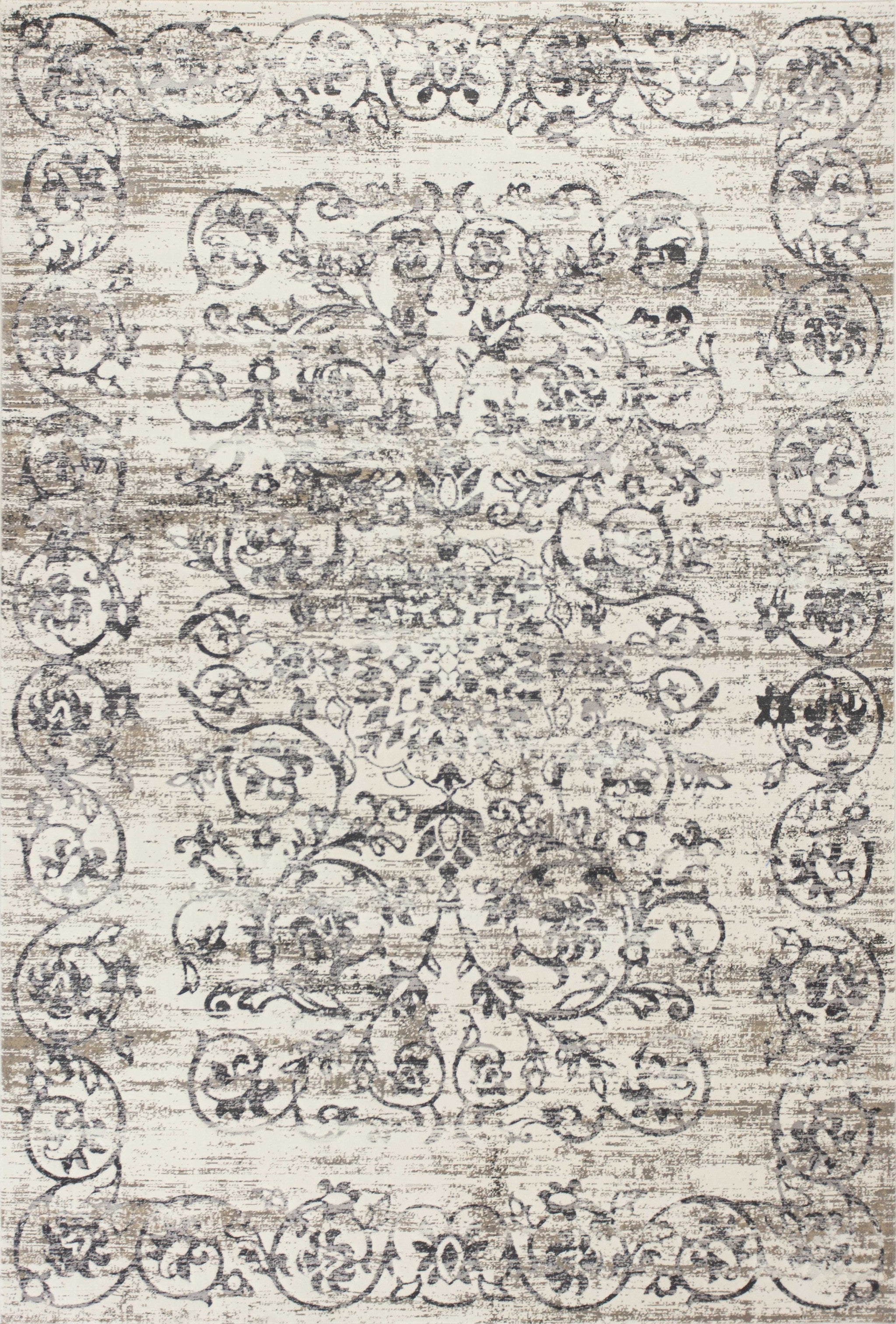 10'X13' Ivory Grey Machine Woven Distressed Floral Traditional Indoor Area Rug